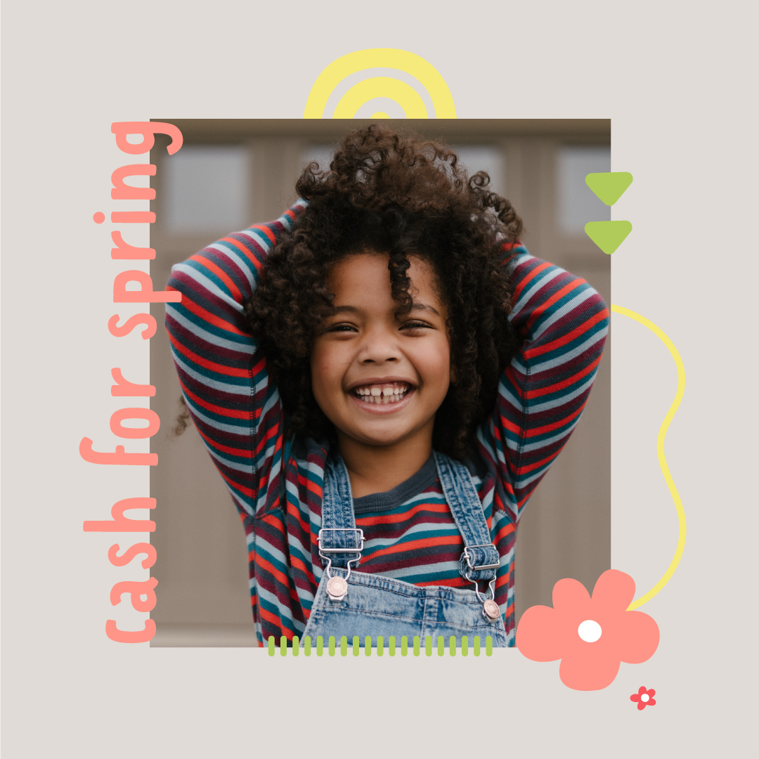 A grey background surrounds a photo of a young girl with curly hair who is smiling and raising her arms above her head. She is wearing overalls and a striped shirt. Text on the left side of the image says 